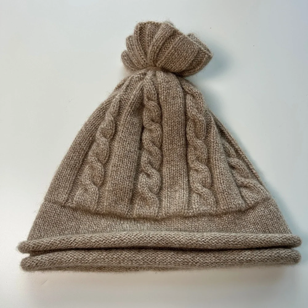 Mount Cashmere women one size beanie cable knit knot top brown 100% cashmere